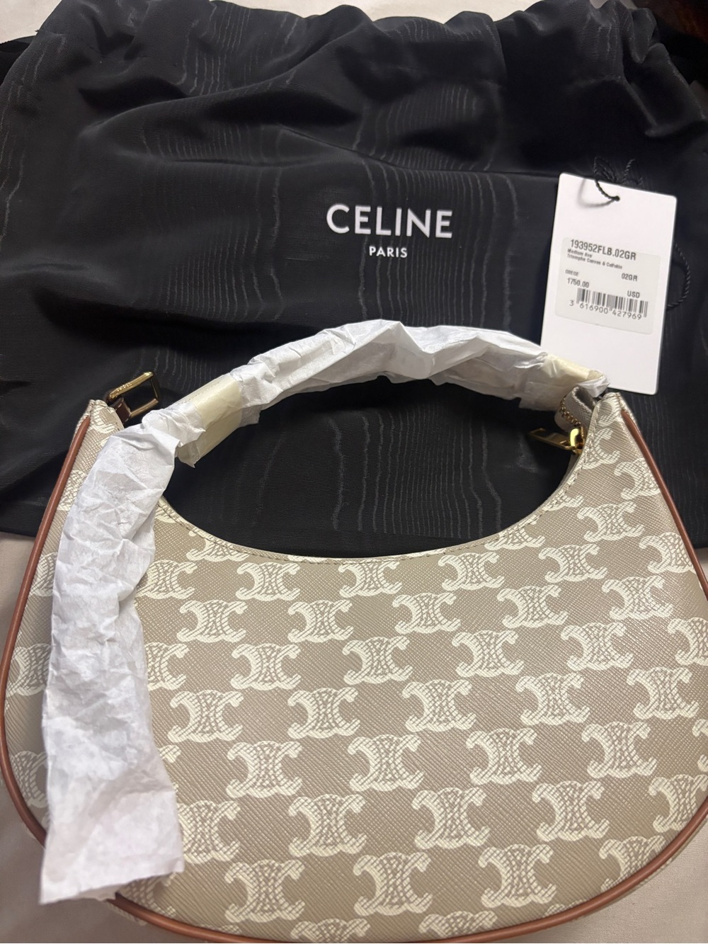 Celine Beige Triomphe Crescent Shoulder Bag with Tan Trim